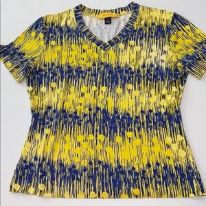 St. John Neon Yellow Blue Short Sleeve V-Neck Top- Size Medium. B114